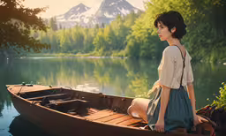 a woman sitting in the bow of a small wooden boat,woman in a boat on a river with mountains in background