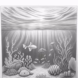 pencil drawing of a ocean scene with fish