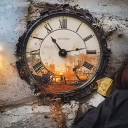 a photo of an abandoned city with a clock attached to it
