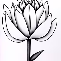 a white flower with a long stalk of buds,an abstract lotus tattoo design done in black and white