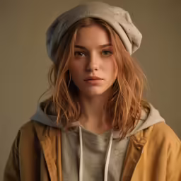 an attractive young woman in a hoodie looking away from the camera