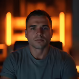 a man sits in front of a lighted light
