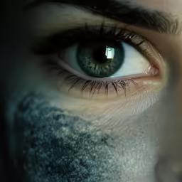 a woman with blue eyes has black patches on her face