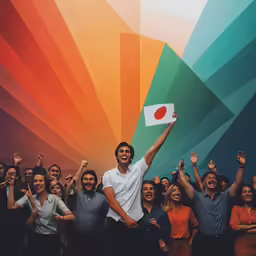 a group of people holding flags are posing in front of a rainbow background