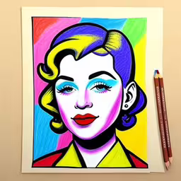 a drawing of a woman with short hair and blue eyes is on a white board,there is a drawing on the table next to the paint brush,a drawing of a woman