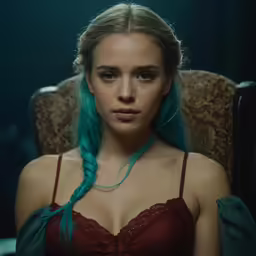 a very attractive lady with long green hair sitting on a chair