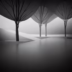 trees stand against the white snow and light