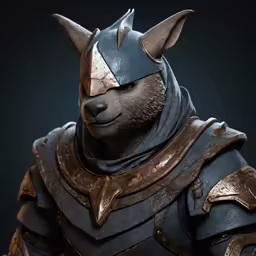 a large toy wolf wearing armor and a helmet