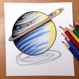 the coloring book page has an image of saturn on it,the image shows a coloring book with two planets drawn on it,drawing an image of the planets and their satellites,a picture with colored pencils next to it that contains an image of planets,a drawing of a saturn drawn with colored pencils