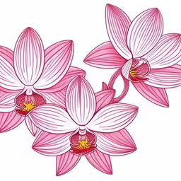 two pink flowers with bright yellow tips,the red and white flowers are drawn with markers