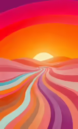 a painting of sun rise and a very large rainbow stream