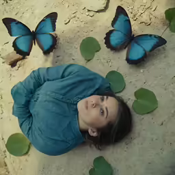 a child looks up at butterflies flying nearby