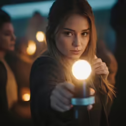 a girl looking down at a glowing piece of equipment
