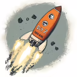 a cartoon rocket with an orange and brown color scheme flying through the air
