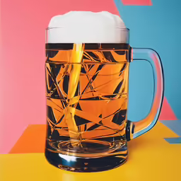 a glass beer mug with a yellow tip is on a colorful surface