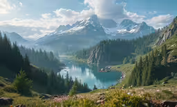 the mountains are covered in green grass, with a lake in the middle