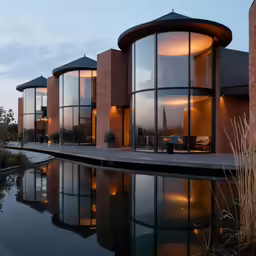 this modern home has round windows and a reflecting pool