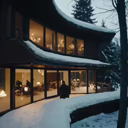 a person standing outside of a very snowy house