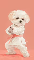 a white dog in karate attire,a white dog is dressed in a martial outfit