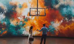 man and woman standing in front of large wall painting