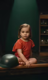 the little girl is posing for a picture on her floor