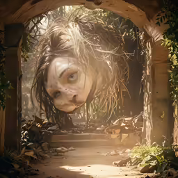 a creepy doll with a big grin in the woods