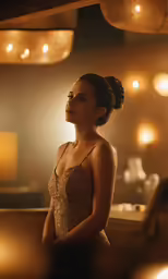 a beautiful young woman in a shiny dress stands near a mirror