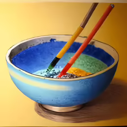 two orange handled pens are inside of a blue and white bowl
