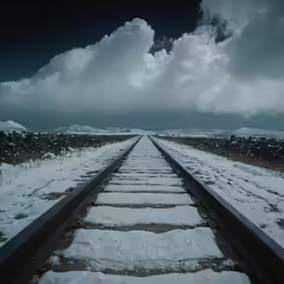 an abandoned railroad tracks and barren landscape on a cloudy day