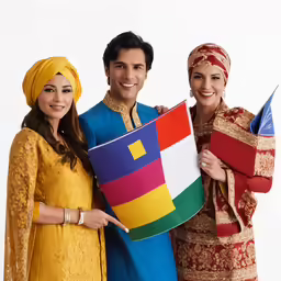three people standing next to each other in costumes