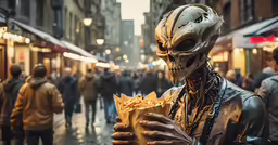 a man in a robot suit eats while in a crowded street