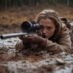 a woman wearing a beige coat aiming a rifle