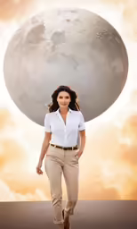 woman in white shirt and tan pants walking beneath full moon