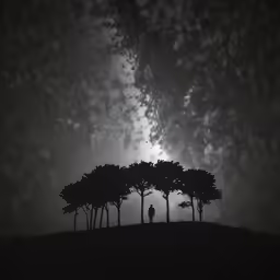 a man standing on top of a hill next to trees