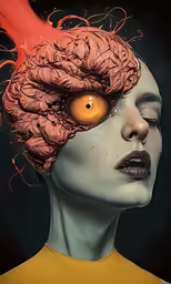a person with brain hair and orange eye