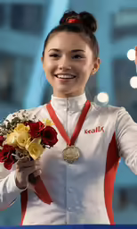 the smiling woman smiles for the camera while holding her gold medal