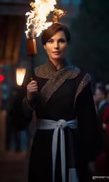 a woman wearing a long black robe is holding an torches