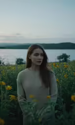 young woman in a field of yellow flowers