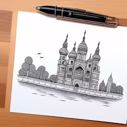 a drawing of a castle in the middle of a wood table,a drawing on a white paper of the tajweed