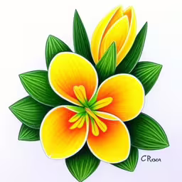 drawing a yellow flower with green leaves,some bright colored flowers are depicted on white paper