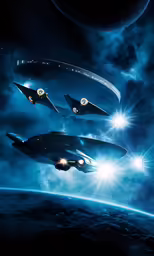 a group of ships flying next to each other in space