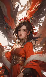 a woman dressed in red has a dragon like body design
