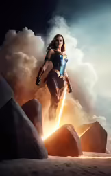 the wonder woman standing on rocks in front of the sun