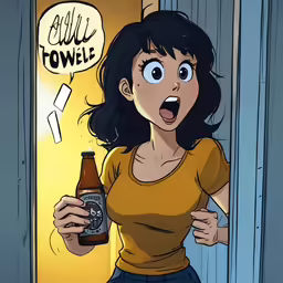 the young woman is standing near a doorway and holding a bottle