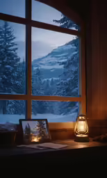 lite up picture next to window with snowy mountains seen through