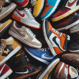 many different colored sneakers are arranged in a pile