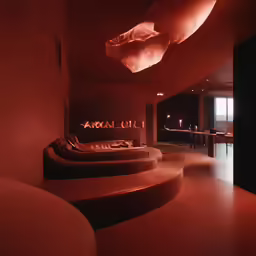 an artfully lit room with white circular chairs
