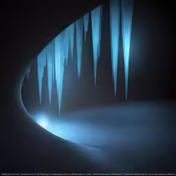 a cave with blue icicles and a blue light