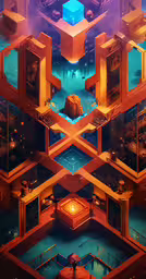 an image of a futuristic city with lots of lights,an abstract scene with several cubes and a building