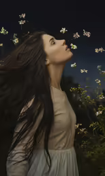 a girl with long hair standing in a field of flowers